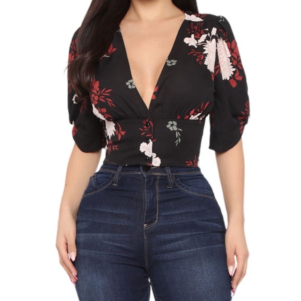 Fashion Nova Always Adored Floral Cropped Button Front Top